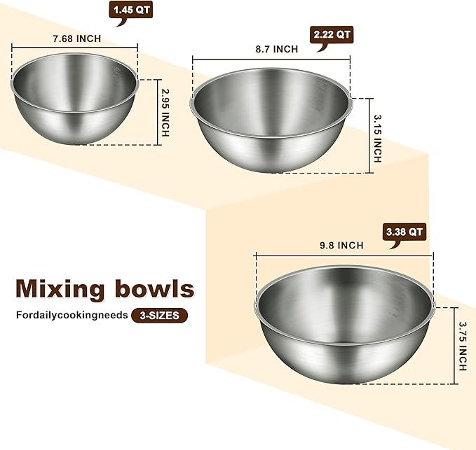 Gronivex Stainless Steel Mixing Bowls Set of 3 (1.5, 2.2, 3.4 Qt) - Food Grade 304, Nesting Design, Dishwasher Safe for Baking, Salad Prep & Cooking - Image 3