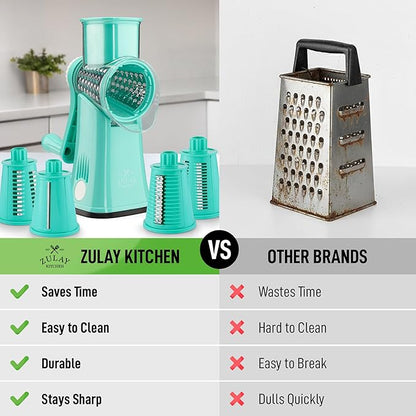 Zulay Kitchen Rotary Cheese Grater 5 Blade Cheese Shredder - Manual Hand Crank Cheese Grater With Reinforced Suction & 5 Interchangeable Drums - Easy to Use, Vegetable Chopper Round Mandoline Slicer - Image 2