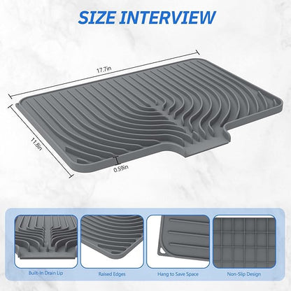Dish Drying Mat for Kitchen Counter, with Built-in Drain Lip, 18x11.8 inch, Food-Grade Silicone, Easy Clean Pad for Countertop Protection, Heat Resistant, Easy Clean, Multi-Functional Use (Grey) - Image 2