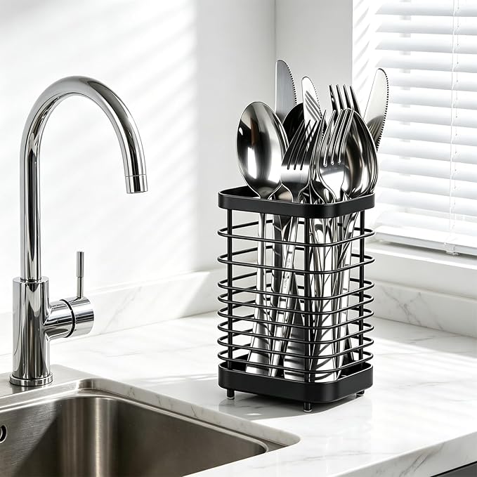 Utensil Holder, Stainless Steel Utensil Drying Rack for Kitchen Counter, Silverware Cutlery Flatware Holder Forks, Knives, Spoons, Chopsticks Organizer (Black) - Image 4