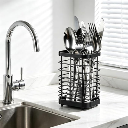 Utensil Holder, Stainless Steel Utensil Drying Rack for Kitchen Counter, Silverware Cutlery Flatware Holder Forks, Knives, Spoons, Chopsticks Organizer (Black) - Image 4