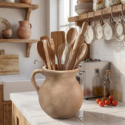 Potchen Rustic Kitchen Utensil Holder with Handle,7.48" H Ceramic Vintage Utensil Crock for Countertop, Farmhouse Kitchen Decoration Ceramic Pot for Spatulas Spoons Tongs(Classic,Antique Beige) - Image 8