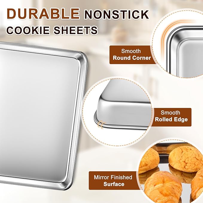 Baking Sheet Set of 2, Commercial Grade Stainless Steel Cookie Sheets for Baking, 17.5''x13'' / 15.7''x12'', Thicker and Firmer Baking Pans Set, Rust & Warp Resistant & Nonstick, Nontoxic & Heavy Duty - Image 6