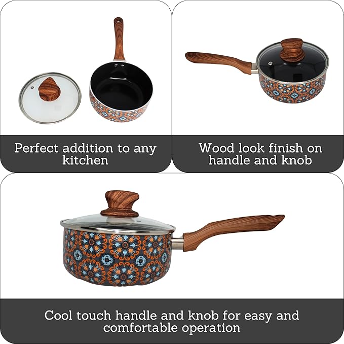 IMUSA 1.5 Quarts Talavera Nonstick Saucepan with Lid, Wood Look and Soft Touch Handle, Ceramic Coated - Image 2