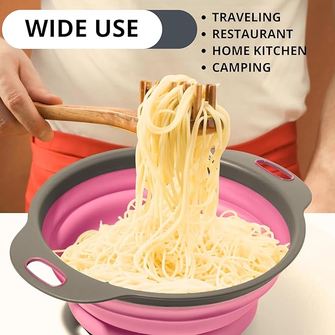 Pink Round Silicone Collapsible Colander – Small Silicone Round Kitchen Strainers with Plastic Handles Foldable Kitchen Strainer Perfect for Draining Pasta Vegetable and Fruit - Image 6