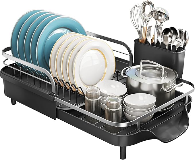 SNTD Dish Drying Rack, Expandable Dish Rack for Kitchen Counter, Stainless Steel Dish Drainer with Drainboard Set and Utensil Holder (Black) - Image 8