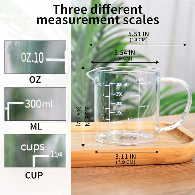 77L Glass Measuring Cup, Clear Liquid Measuring Cup with V-Shaped Spout and Three Scales, High Borosilicate Glass Beaker with Handle for Kitchen or Restaurant, 300 ML (0.3 Liter, 1 1/4 Cup) - Image 4