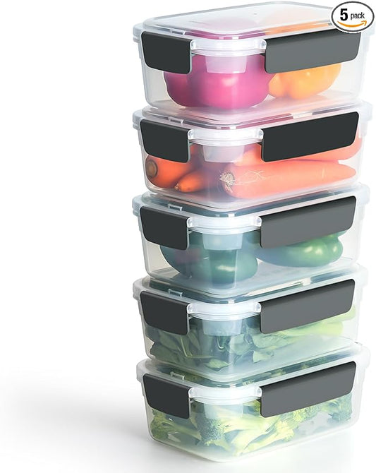 YORY 7 cup Plastic Food Storage Containers with Lids Nestable Freezer Dishwasher Safe Rectangle Meal Prep Container Set,5-Pack by YORY