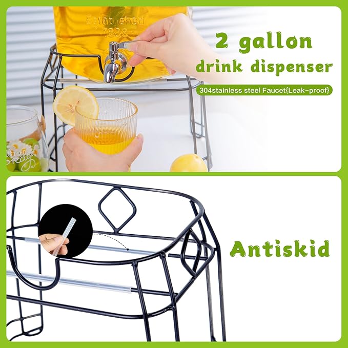 2 Gallon Glass Drink Dispenser with Stand,Stainless Steel Leakproof Spigot &Bamboo Lid& Labels& Fruit Infuse, Large Beverage Dispenser for Parties, Lemonade, Sun Tea, Picnic & Outdoor Use ﻿