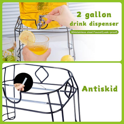 2 Gallon Glass Drink Dispenser with Stand,Stainless Steel Leakproof Spigot &Bamboo Lid& Labels& Fruit Infuse, Large Beverage Dispenser for Parties, Lemonade, Sun Tea, Picnic & Outdoor Use ﻿