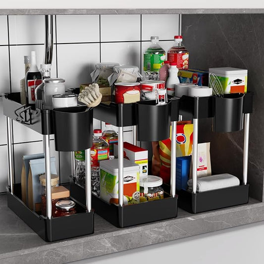 3 Pack Under Sink Organizers and Storage, 2 Tier Bathroom Cabinet Organizer Shelf with Hanging Cups for Kitchen & Bathroom (Black) by Unknown