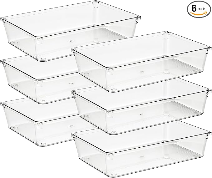 Ravinte 6 Pack Drawer Organizer - 6" X 9" Plastic Storage Bins, Acrylic Organizers with Non-Slip Pads Clear Desk Storage Tray for Makeup, Jewelries, Kitchen Utensils, Bathroom and Office by Ravinte