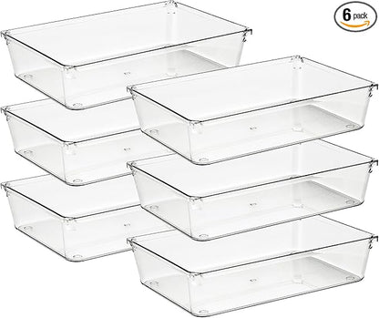 Ravinte 6 Pack Drawer Organizer - 6" X 9" Plastic Storage Bins, Acrylic Organizers with Non-Slip Pads Clear Desk Storage Tray for Makeup, Jewelries, Kitchen Utensils, Bathroom and Office by Ravinte