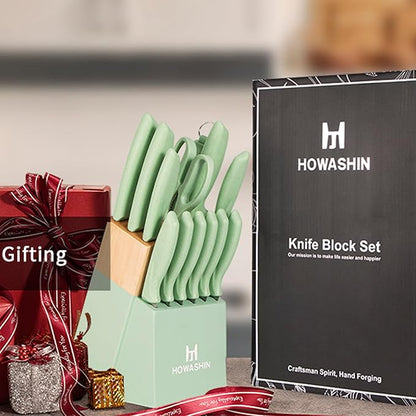 Green Knife Set, 15 Pcs Kitchen Knife Set with Block,High Carbon German Stainless Steel Knife Block Set, Hand wash Safe Knives Set