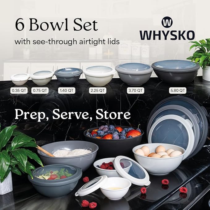 WHYSKO Mixing Bowl Set, 12 Piece Colorful Plastic Mixing Bowls with Lids Set for Food Prep Storage and Serving, Microwave and Dishwasher Safe for Kitchen Baking Cooking - Image 2
