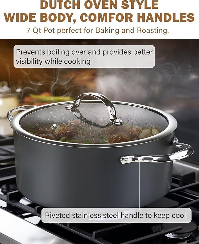 Cooks Standard Stock Pot Dutch Oven Casserole with Glass Lid, 7-Quart Classic Hard Anodized Nonstick Stockpot, Black