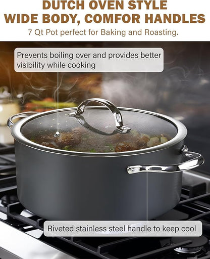 Cooks Standard Stock Pot Dutch Oven Casserole with Glass Lid, 7-Quart Classic Hard Anodized Nonstick Stockpot, Black
