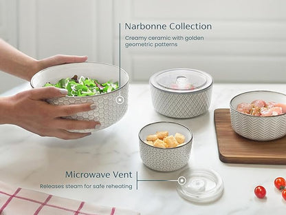 KooK Serving Bowls, with Lids, Ceramic Nesting Bowls, Set of 4, Embossed, Kitchen, Prep, Stackable, Gift, Microwave and Dishwasher Safe, 10/16/29/47 oz, Narbonne Collection (Ivory) - Image 3