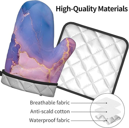 Oven Mitt and Pot Holders Sets - Marble Kitchen Mitts Decorative Purple Pink Oven Gloves Hot Pads Set of 2 for Cooking Baking Grilling - Image 4
