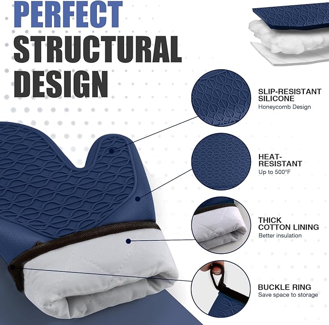 Silicone Oven Mitts, Heat Resistant 2PCS Oven Mitts with Soft Cotton Lining, Waterproof Non-Slip Grip Oven Glove, Kitchen Potholder Mits for BBQ, Baking, Cooking, 12.5 Inch - Dark Blue - Image 3