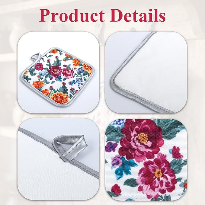 Floral Oven Mitts and Pot Holders Sets 2 Pcs, Canvas Heat Resistant Kitchen Mittens with Hot Pads, Vintage Farmhouse Country Decor, Non-Slip Cooking Baking Grilling Gifts for Women Mom (Flower4)