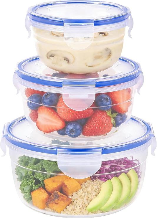 KIGI Round Food Storage Containers with Airtight Lids, Leak Proof Plastic Bowls for Lunch, Meal Prep, Fruit and Salad, 4-Sided Locking Lid, BPA-Free, 6 Piece Set, 1.25 Cup / 2.5 Cup / 4.3 Cup