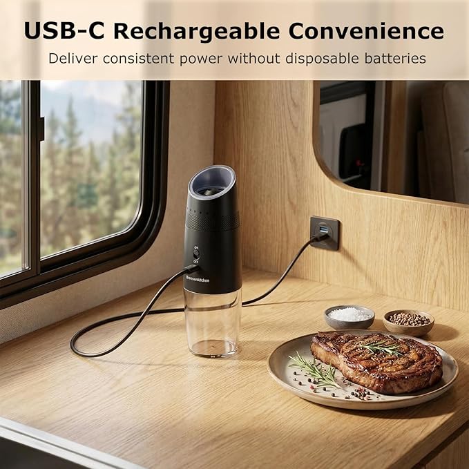 Bonsenkitchen Gravity Electric Salt and Pepper Grinder Set,Type-C Rechargeable Automatic Grinder With 6-Level Coarseness Adjustment, LED Light, 135ML Large Capacity for Kitchen, BBQ & Camping