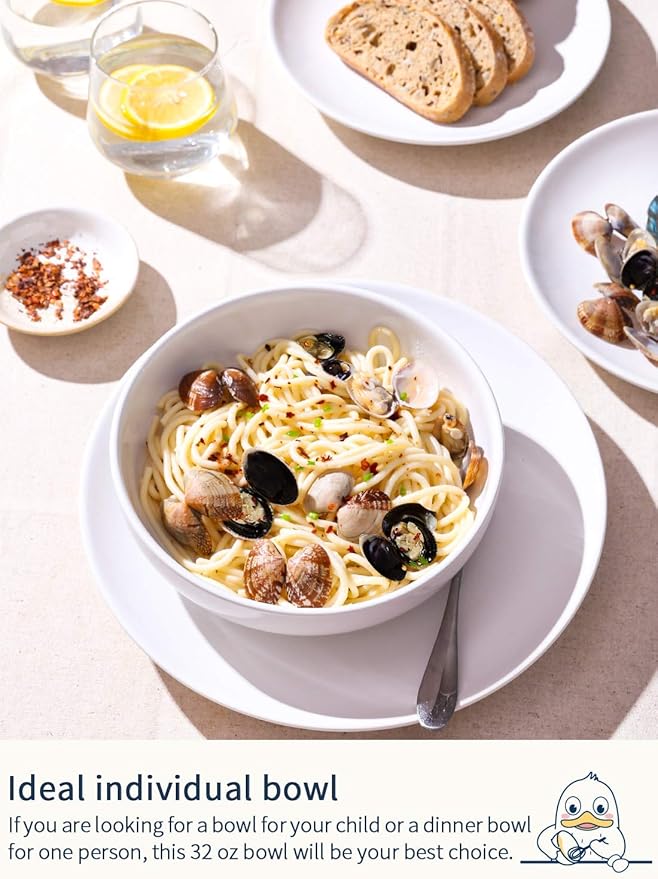 LE TAUCI Pasta Bowls 32 oz, Salad Bowls Set for Serving Soup, Pasta, Noodle, Dinner, Large Kitchen Bowl Plates, Microwave Safe - 7.8 Inch, Set of 4, White - Image 2