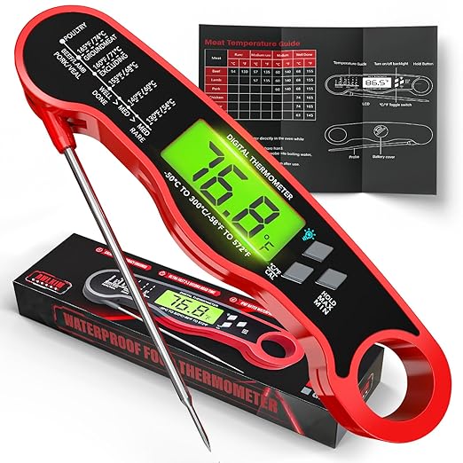 AWLKIM Meat Thermometer Digital - Instant Read Waterproof Food Thermometer with Backlight for Cooking, Grill, Candy, Kitchen & Stocking Stuffers for Men - Red by AWKLIM