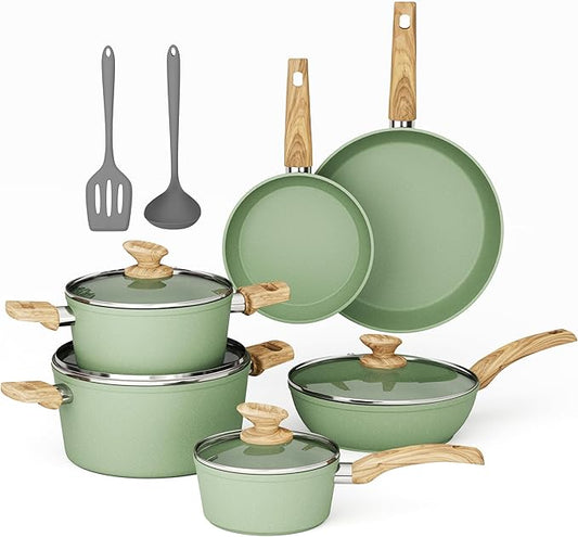 MAISON ARTS Pots and Pans Set Non Stick, 12 Piece Green Granite Kitchen Cookware Induction Compatible, Cooking Sets Pots and Pans Nonstick by MAISONARTS