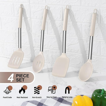 E-far Cooking Utensils Set of 4, Silicone Kitchen Utensils for Non-stick Cookware, Heat Resistant & Non-toxic Slotted Spatula Solid Spoon Turner for Flipping Mixing Serving Basting(Khaki) - Image 3