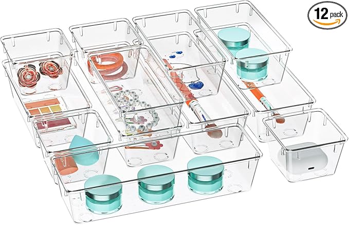 WOWBOX 12 Pack Clear Drawer Organizer Set, Acrylic Drawer Storage Trays, Storage Bins for Makeup, Cosmetics, Jewelries, Utensils, Gadgets, Office by WOWBOX