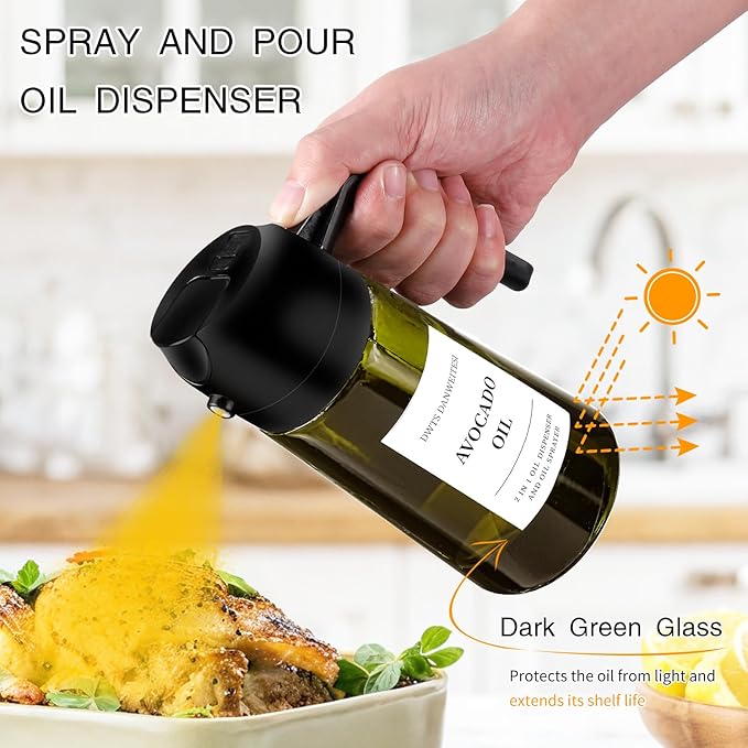 DWTS DANWEITESI Oil Sprayer for Cooking 2pcs,2 in 1 Oil Dispenser and Oil Sprayer Kitchen Gadgets,16oz Dark Green Glass Oil Spray Bottle(Light Blockage),Perfect Kitchen Accessories - Image 3