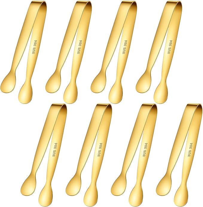 8PCS Ice Tongs, Gold Mini Metal Tongs, 4.3 Inch Stainless Steel Tiny Tong, Small Serving Tong for Serving Food, Ice, Sugar Cube, Salad, Desserts, Kitchen Accessories for Coffee Bar, Buffet, Tea Party