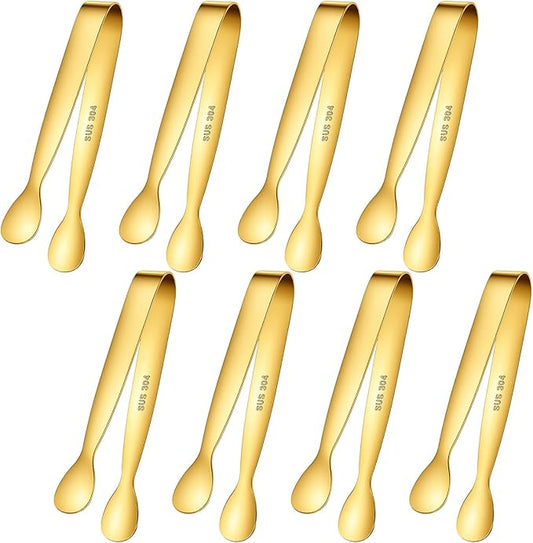 8PCS Ice Tongs, Gold Mini Metal Tongs, 4.3 Inch Stainless Steel Tiny Tong, Small Serving Tong for Serving Food, Ice, Sugar Cube, Salad, Desserts, Kitchen Accessories for Coffee Bar, Buffet, Tea Party