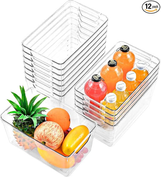 12 Pack Middle Organizers and Storage, Pantry Organization and Storage Bins, Cabinet Organizer, Clear Plastic Storage Containers with Handle，Acrylic Storage Bins for Cabinet, Fridge by Freebat