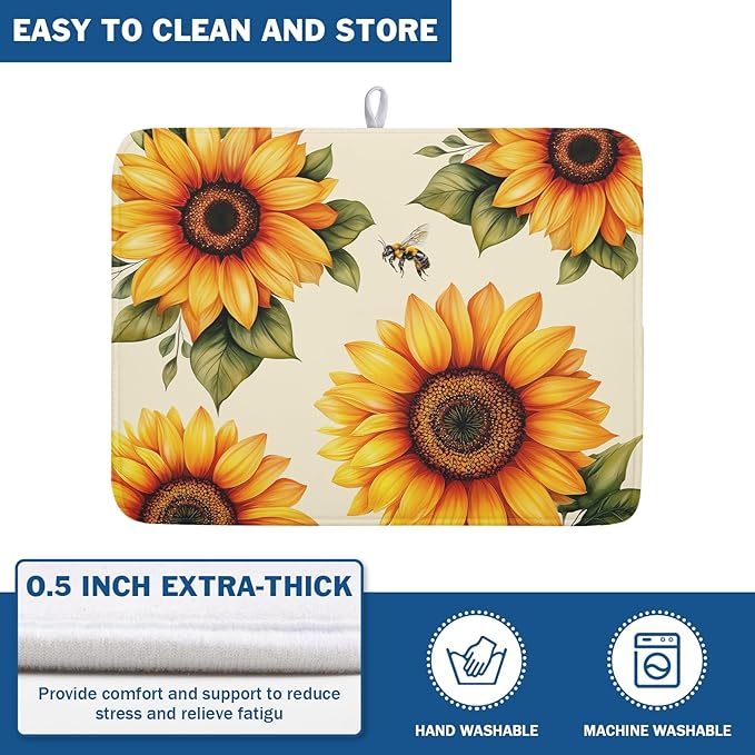 Spring Summer Dish Drying Mat 18x24 Inch Absorbent Reversible Sunflower Drying Mat Sunflower Bee Dish Drying Rack Mat Yellow Summer Themed Dish Drainer Mat for Kitchen Counter Coffee Bar