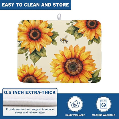 Spring Summer Dish Drying Mat 18x24 Inch Absorbent Reversible Sunflower Drying Mat Sunflower Bee Dish Drying Rack Mat Yellow Summer Themed Dish Drainer Mat for Kitchen Counter Coffee Bar