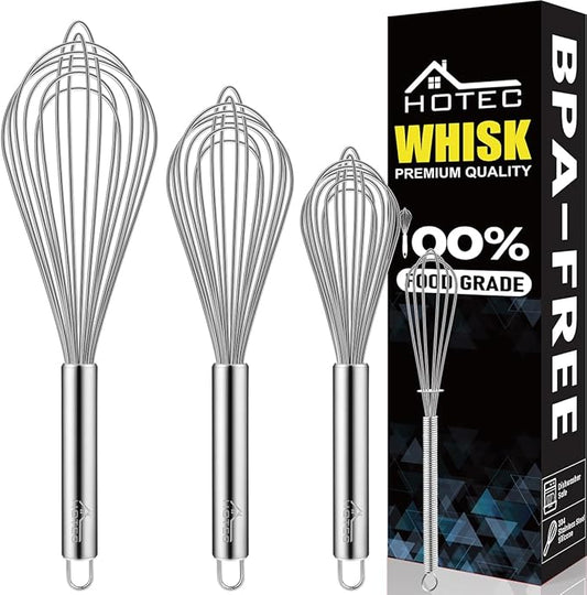 HOTEC 4 Pieces Stainless Steel Whisks Set Wire Whisk Balloon Whisk Egg Beater Kitchen Utensils for Stirring, Beating, Blending by Hotec