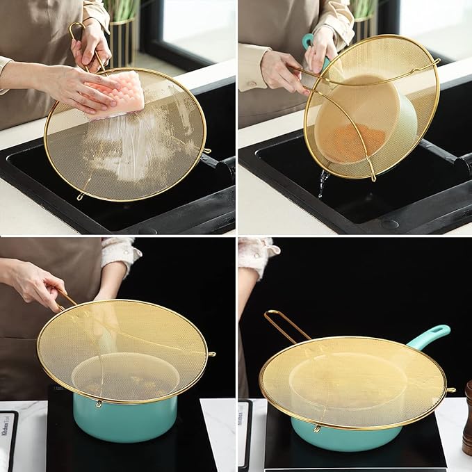 Evanda 12" Gold Splatter Screen for Cooking, Stainless Steel Fine Mesh for Frying Pan, Grease Guard for Pan to Stop Hot Oil Splatter, Protect the Skin From Burns, Safe Cooking Lid - Image 6
