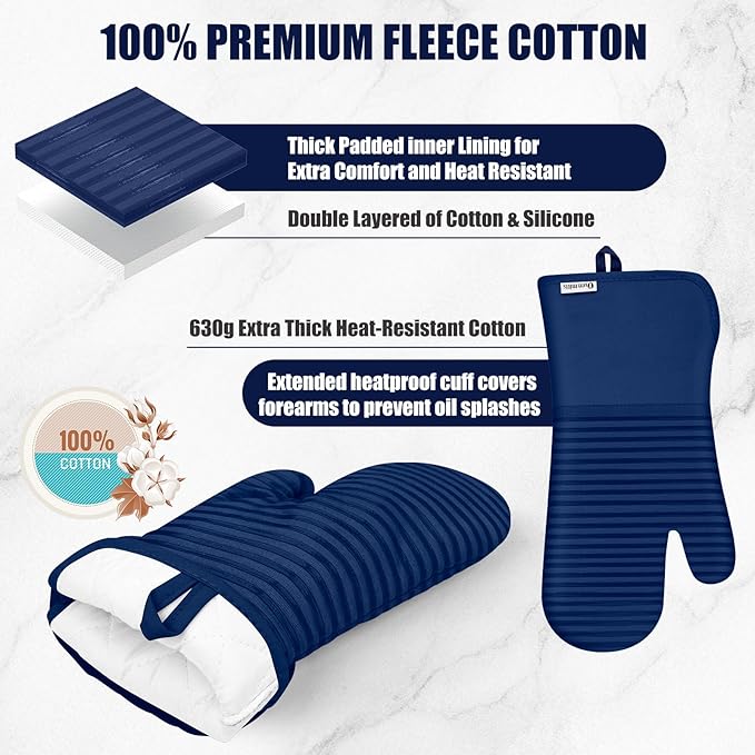 Oven Mitts and Pot Holder Sets with Silicone Grip, 500°F Heat Resistant-6 Pack Dishcloth/Dish Towels for Kitchen 100% Cotton-Value Kitchen Essentials for Cooking, Baking, Grilling-Marine Blue - Image 3