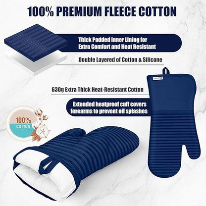 Oven Mitts and Pot Holder Sets with Silicone Grip, 500°F Heat Resistant-6 Pack Dishcloth/Dish Towels for Kitchen 100% Cotton-Value Kitchen Essentials for Cooking, Baking, Grilling-Marine Blue - Image 3