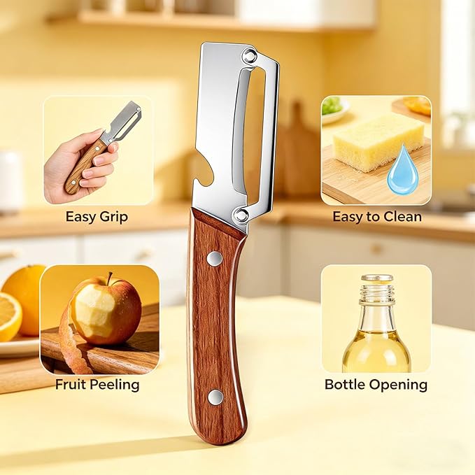 Multi Functional Vegetable Peeler for Kitchen, with Bottle Opener and Wooden Handle, 2-in-1 Stainless Steel Kitchen Tool for Fruit Potato Pumpkin(1P- 2 in 1) - Image 3