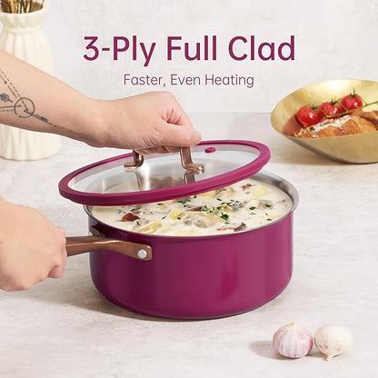 CAROTE 1.5Qt & 3.0Qt Stainless Steel Saucepan Set with Steamer & Ladle, Non-Toxic 3-Ply Stainless Steel Pot with Lids, Small Pots for Cooking, Oven Safe, Induction Compatible Cookware, Purple - Image 5