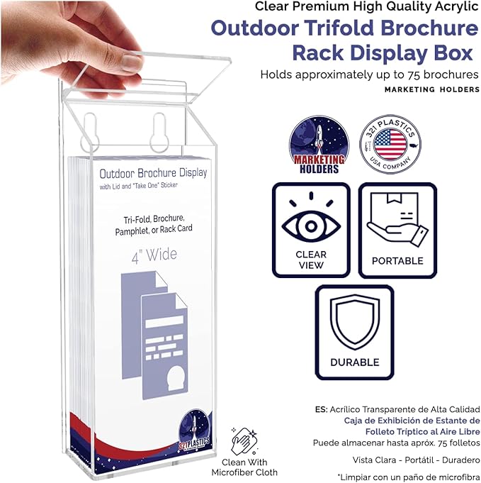 Outdoor Brochure Holder Holds 4" x 9" Advertising Trifolds Clear Acrylic Wall Mount Rack Card Box with Lid Includes Adhesive Strips and Take One Sticker by Marketing Holders