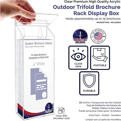 Outdoor Brochure Holder Holds 4" x 9" Advertising Trifolds Clear Acrylic Wall Mount Rack Card Box with Lid Includes Adhesive Strips and Take One Sticker by Marketing Holders