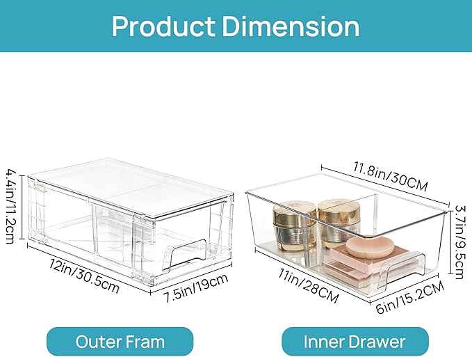 Vtopmart 4 Pack Stackable Storage Drawers,Clear Acrylic Drawer Organizers with Handles, Easily Assemble for Fridge, Bathroom,Kitchen Undersink,Cabinet,Pantry Organization and Storage - Image 3