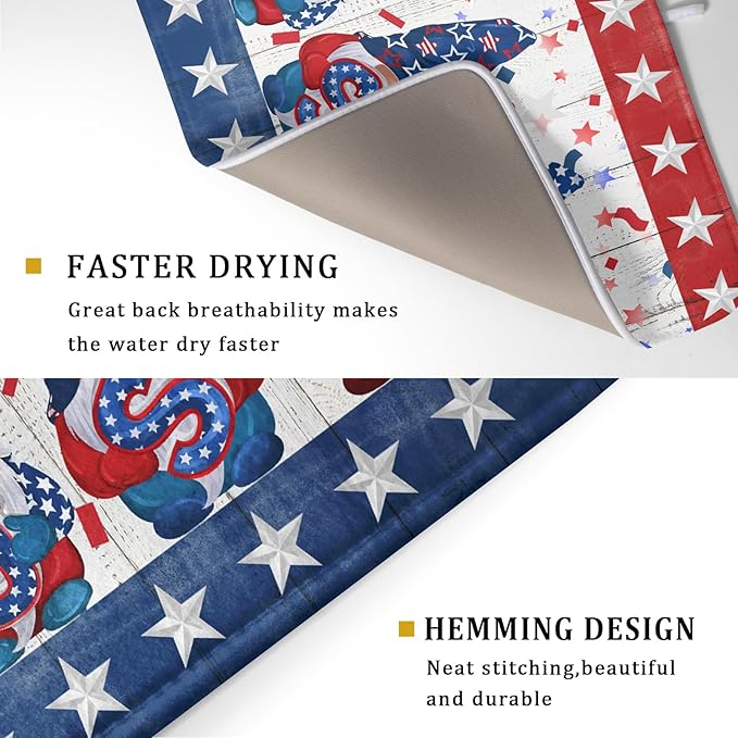 Giwawa 4th of July Gnomes Dish Drying Mat 18x24 inch Patriotic Elf Usa Stars Dish Drainer Mats Independece Day Large Microfiber Dish Drying Pad for Kitchen Countertop Holiday Decor