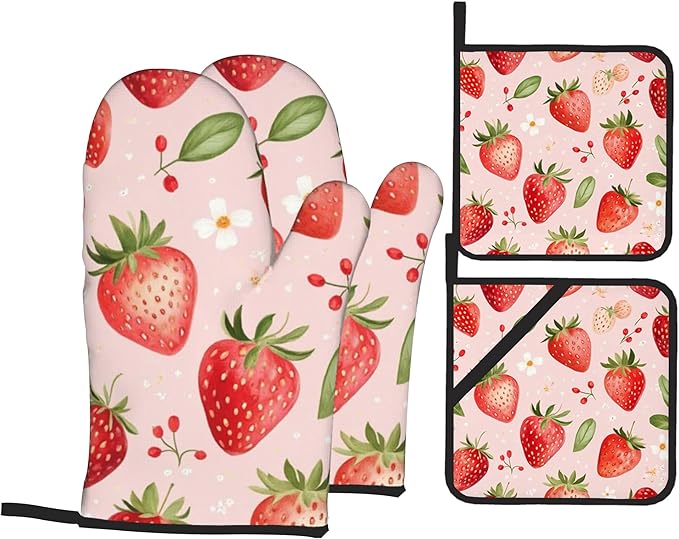 Strawberry Daisy Pattern Oven Gloves and Hot Pads Set - Heatproof Hand Protection for Baking, Grilling, Cooking 4Pcs