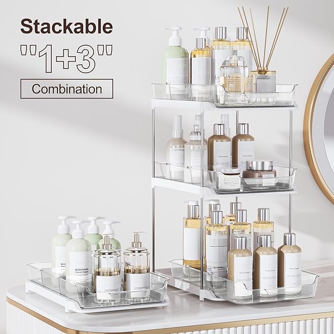 Delamu 2-Tier Multi-Purpose Bathroom Under Sink Organizers and Storage, Stackable Kitchen Pantry Organization, Pull Out Medicine Cabinet Organizer with Movable Dividers, White, 4Pack - Image 3